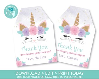 EDITABLE Caticorn Thank you Tags,  Kitty Unicorn Thank You Tags, Floral Kitty favor Tags, Kitty Unicorn, Instant Download, UC1