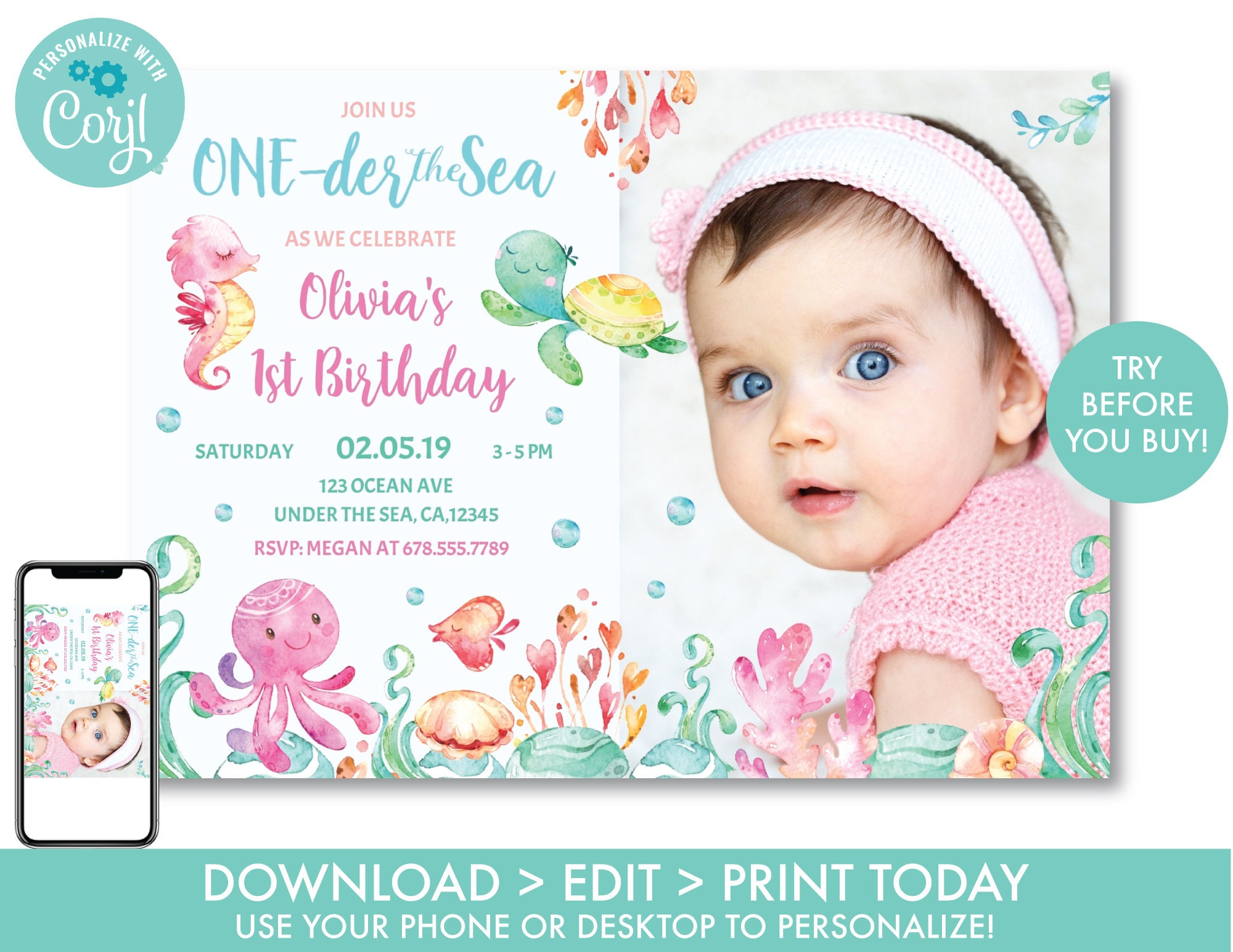 Buy Under the Sea First Birthday Invitation With Photo, Oneder the