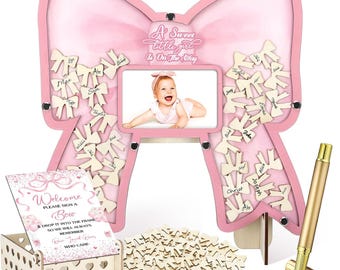 Coquette Pink Bow Baby Shower Guest Book Alternatives Set, Girl's Baby Shower Decorations with Photo Frame, Wood Slices Guest Book