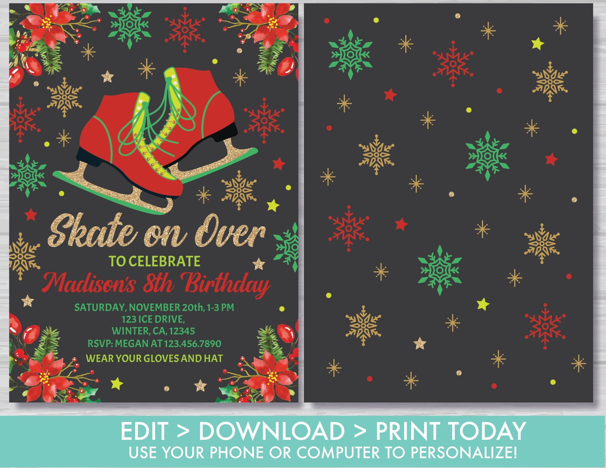 Ice Skating Birthday Invitation Girl Christmas Ice Skating Etsy