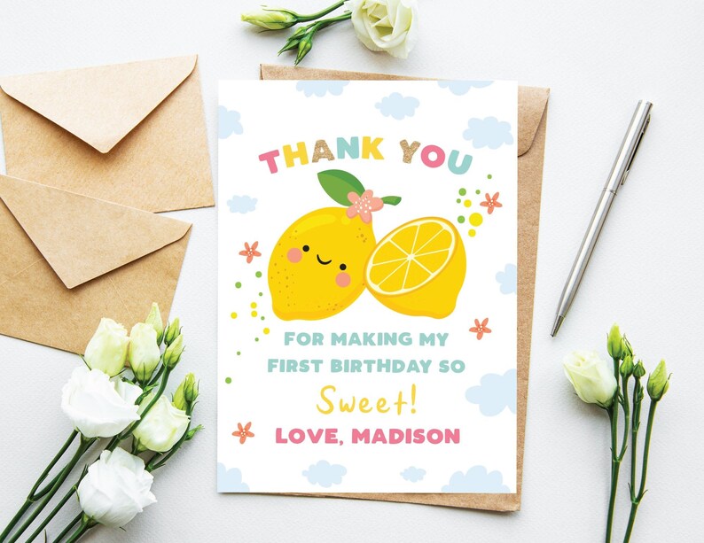 Lemon Birthday Thank You Card Lemon Sweet One 1st Birthday Etsy