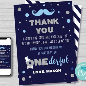 Mr Onederful Dankeskarte Boy's 1st Birthday Fliege Kleiner Mann Blau und Gold Erster Geburtstag Dankeskarte Editierbar Sofort Download MR1