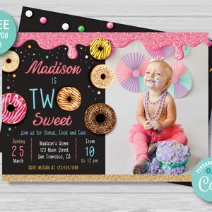 Donut 2nd Birthday Invitation with Photo TWO Sweet Donut Birthday Invitation Girl's Second Birthday Invitation Editable Instant Download DG1 image 1