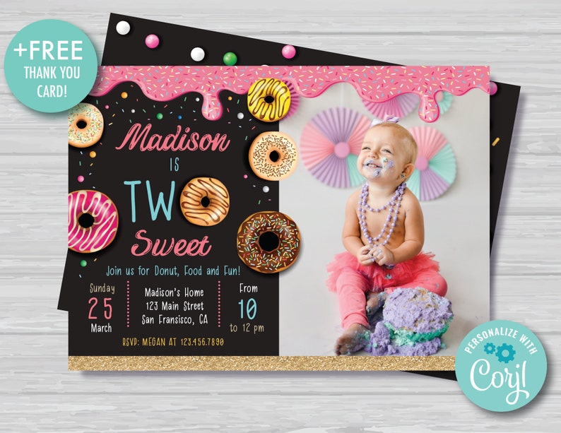 Donut 2nd Birthday Invitation with Photo TWO Sweet Donut Birthday Invitation Girl's Second Birthday Invitation Editable Instant Download DG1 image 1