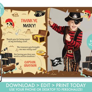 Carte de remerciement pirate avec photo, garçons d'anniversaire de pirate, carte au trésor bateau pirate carte de remerciement, modèle de téléchargement instantané de fête pirate, PR1