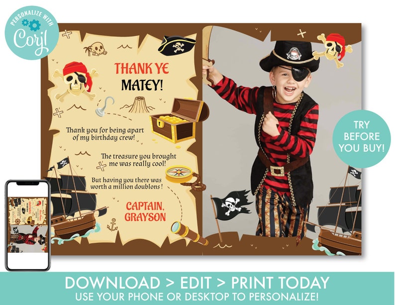 Pirate Thank You Card With Photo Pirate Birthday Boys - Etsy