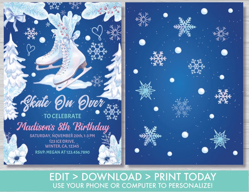 Ice Skating Birthday Invitation Ice Skating Invite Girl's Winter Skate Party Invitation Ice Skating Party Decorations Instant Download, IS1 image 2