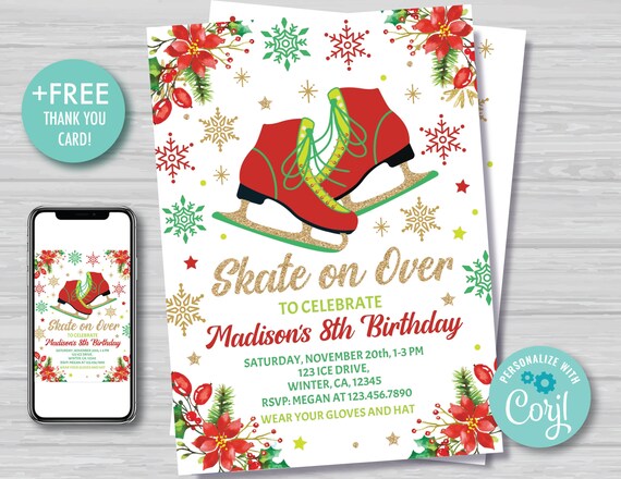Ice Skating Birthday Invitation Girl Christmas Ice Skating Invitation Girl's Skate Party Ice Skating Party Red and Gold Instant Download IS1 Il_570xn