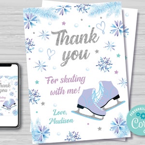 Ice Skating Thank You Card Girl Ice Skating Thank You Note Girl's Ice Skating Party Decorations Purple and Silver Instant Download IS1 image 1