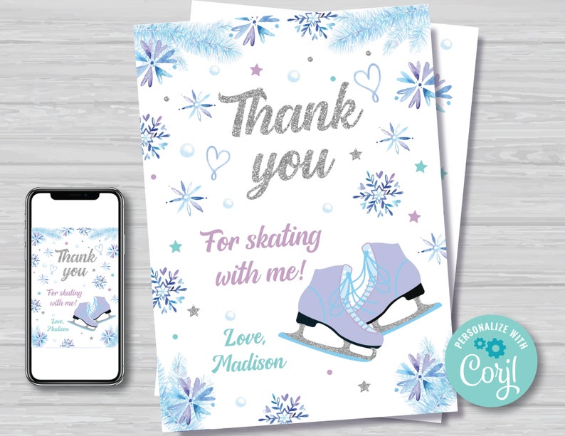 Ice Skating Thank You Card Girl Ice Skating Thank You Note Girl's Ice Skating Party Decorations Purple and Silver Instant Download IS1 image 1