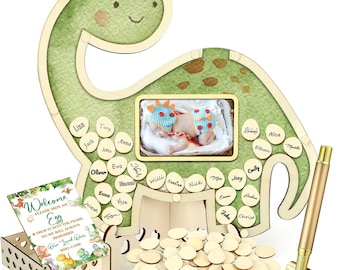 Dinosaur Baby Shower Guest Book Alternatives Set, Baby Shower Decorations with Photo Frame, Wood Slices Guest Book, Sonogram Frame Keepsake