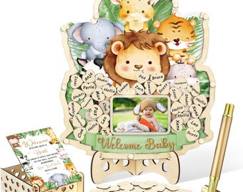 Safari Animal Baby Shower Guest Book Alternatives Set, Baby Shower Decorations with Photo Frame, Wood Slices Guest Book