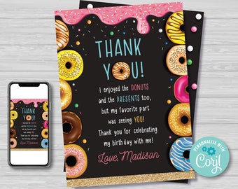 Donut Thank You Card Girl's Donut Birthday Thank You Tags Donut Party Doughnut Birthday Thank You Card Editable Instant Download DG1