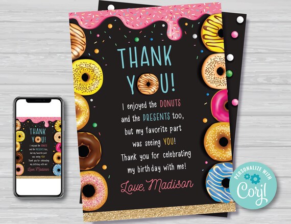 Donut Thank You Card Girl's Donut Birthday Thank You Tags Donut Party Doughnut Birthday Thank You Card Editable Instant Download DG1 Il_570xn