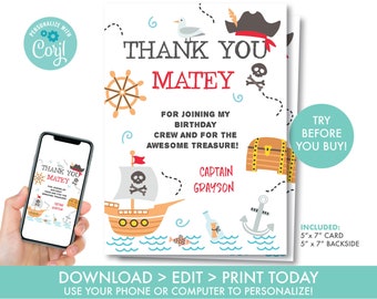 Pirate Thank You Card Boys, Treasure Map Thank You Card Thank You Matey Pirate Ship Thank You Card, Editable Instant Download, PR1