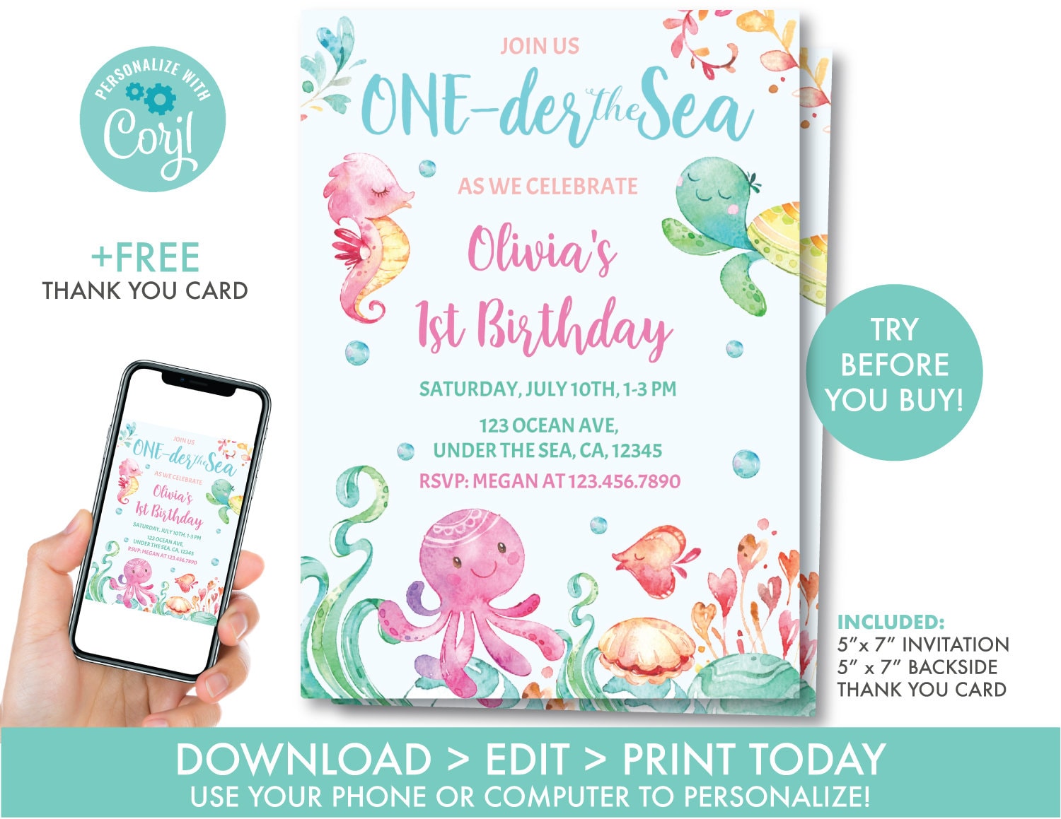 Under the Sea First Birthday Invitation Oneder the Sea Etsy
