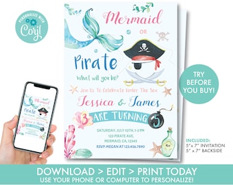 Mermaid Or Pirate Birthday Invitation Sibling Mermaid and Pirate Invitation Sibling Girl Boy Birthday Invitation, Instant Download, U1