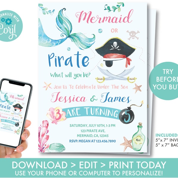 Mermaid Or Pirate Birthday Invitation Sibling Mermaid and Pirate Invitation Sibling Girl Boy Birthday Invitation, Instant Download, U1