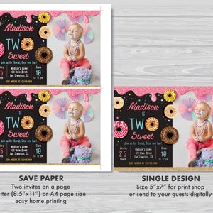 Donut 2nd Birthday Invitation with Photo TWO Sweet Donut Birthday Invitation Girl's Second Birthday Invitation Editable Instant Download DG1 image 5