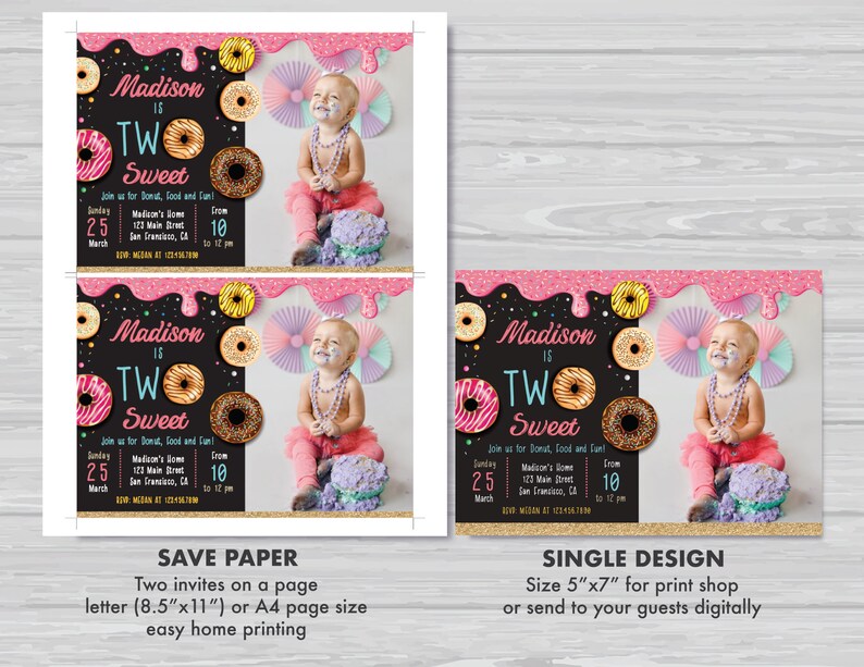Donut 2nd Birthday Invitation with Photo TWO Sweet Donut Birthday Invitation Girl's Second Birthday Invitation Editable Instant Download DG1 image 5