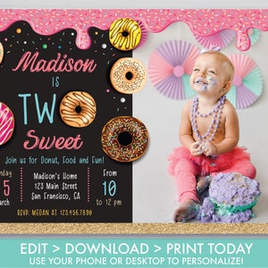 Donut 2nd Birthday Invitation with Photo TWO Sweet Donut Birthday Invitation Girl's Second Birthday Invitation Editable Instant Download DG1 image 2