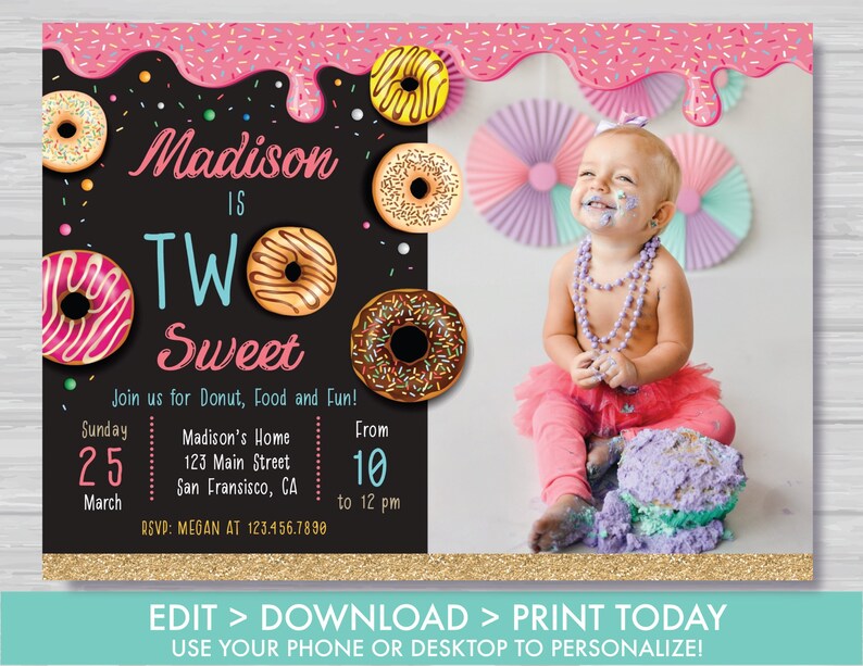 Donut 2nd Birthday Invitation with Photo TWO Sweet Donut Birthday Invitation Girl's Second Birthday Invitation Editable Instant Download DG1 image 2