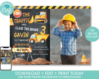 Construction Birthday Invitation With Photo Dump Truck Birthday Invitation Construction Party Decorations Editable Instant Download, DT1