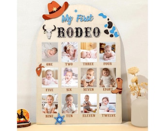 My First Rodeo Photo Board, Western Wild West Cowboy First Year Photo Display 12 Months Milestone Sign Wood Board 1st Birthday Decoration
