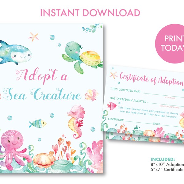 Adopt a Sea Creature Printable Sign and Certificate, Under the Sea Birthday Decorations, Under the Sea Party Sign, Instant Download, U1