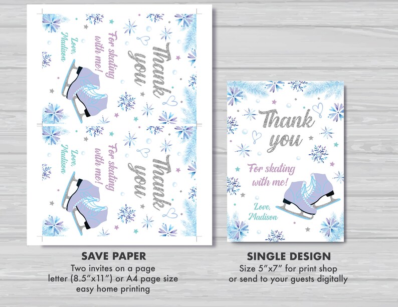 Ice Skating Thank You Card Girl Ice Skating Thank You Note Girl's Ice Skating Party Decorations Purple and Silver Instant Download IS1 image 3