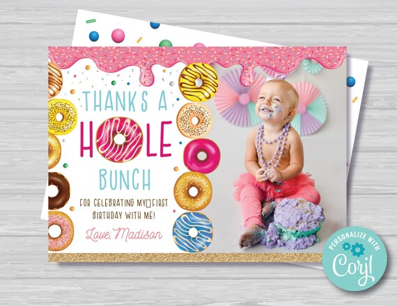Donut Thank You Card with Photo Doughnut Thank You Card Girl's Donut Birthday Thank You Tags Donut Party Editable Instant Download DG1 Il_570xn