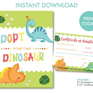 Adotta un segno di dinosauro e certificato stampabile, decorazioni di compleanno dinosauro, segno di favore dinosauro, dino party, download istantaneo, D1