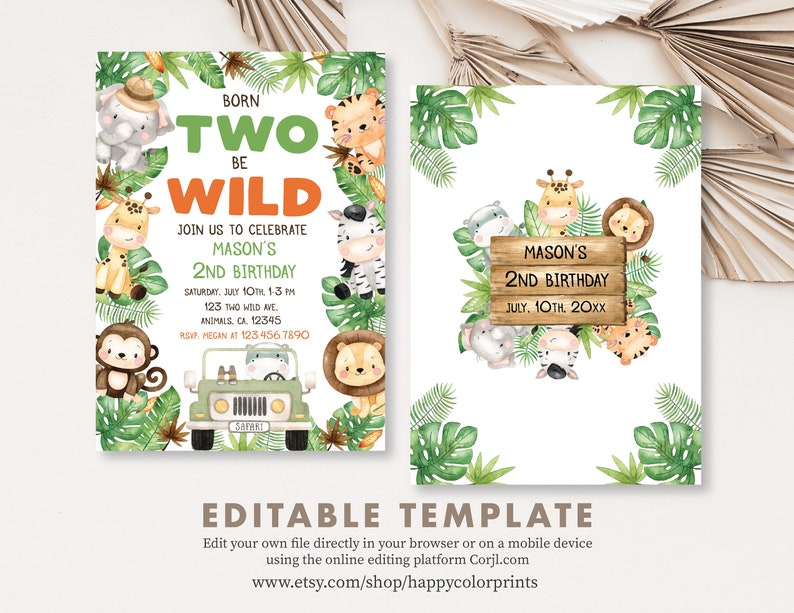 Two Wild Birthday Invitation Safari Animals Birthday Invite Jungle Animals Birthday Invitation 2nd Birthday Editable Instant Download WO1 image 2