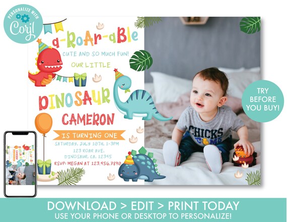 EDITABLE Dinosaur First Birthday Invitation With Photo Boy's Dinosaur Invitation Dinosaur Party Decorations Dino Party Instant Download, D1 Il_570xn