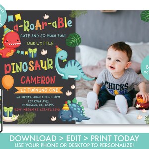 Dinosaurier-Geburtstags-Einladung mit Foto Jungen Dinosaurier 1.