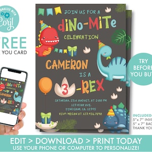 Dinosaurier 3rd Birthday Einladung Boy's Dino Three Rex Invite Dinosaurier Einladung Dino Party Dekorationen Dino Party Instant Download, D1