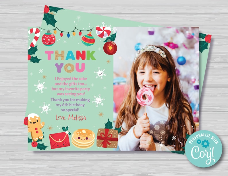 Christmas Birthday Thank You Card With Photo Christmas Pancakes and Pajamas Thank You Card Green and Red Thank You Card Instant Download PJ1