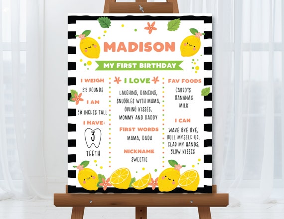 Lemon Birthday Milestone Sign Lemon 1st Birthday Chalkboard Poster Girl's Lemon Stats Poster Lemonade Party Pink Yellow Instant Download LE1 Il_570xn
