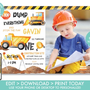 Construction First Birthday Invitation With Photo Construction 1st Birthday Invite Dump Truck Construction Party Instant Download, DT1 image 1