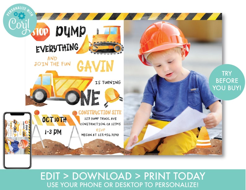 Construction First Birthday Invitation With Photo Construction 1st Birthday Invite Dump Truck Construction Party Instant Download, DT1 image 1