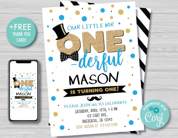 Mr Onederful Birthday Invitation First Birthday Invitation 1st