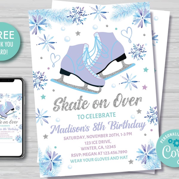 Ice Skating Birthday Invitation Girl Ice Skating Invitation Ice Skating Party Girl's Skate Party Purple and Silver Instant Download IS1