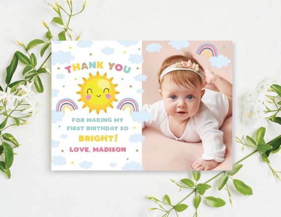 Sunshine Birthday Thank You Card with Photo Our Little Sunshine Birthday Thank You Note Summer Girls First Birthday Instant Download LS1 Il_570xn