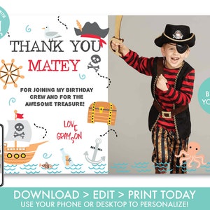 Carte de remerciement pirate avec photo, carte de remerciement anniversaire pirate garçons, carte au trésor Ahoy Matey bateau pirate merci, téléchargement immédiat, PR1