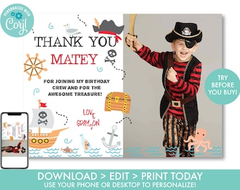 Pirate Thank You Card With Photo, Pirate Birthday Thank You Card Boys, Treasure Map Ahoy Matey Pirate Ship Thank You, Instant Download, PR1