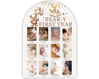 Beary First Photo Board, Neutral Bear First Year Photo Display 12 Months Milestone Sign Wood Board 1st Birthday Decoration