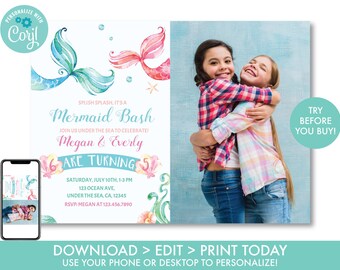 Mermaid Sibling Invitation with Photo, Mermaid Bash Invitation, Mermaid Sister Invitation, Double Mermaid Birthday, Instant Download, U1