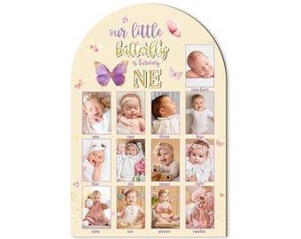 Butterfly First Year Photo Board, Purple Butterfly First Year Photo Display 12 Months Milestone Sign, Wood Board 1st Birthday Decoration