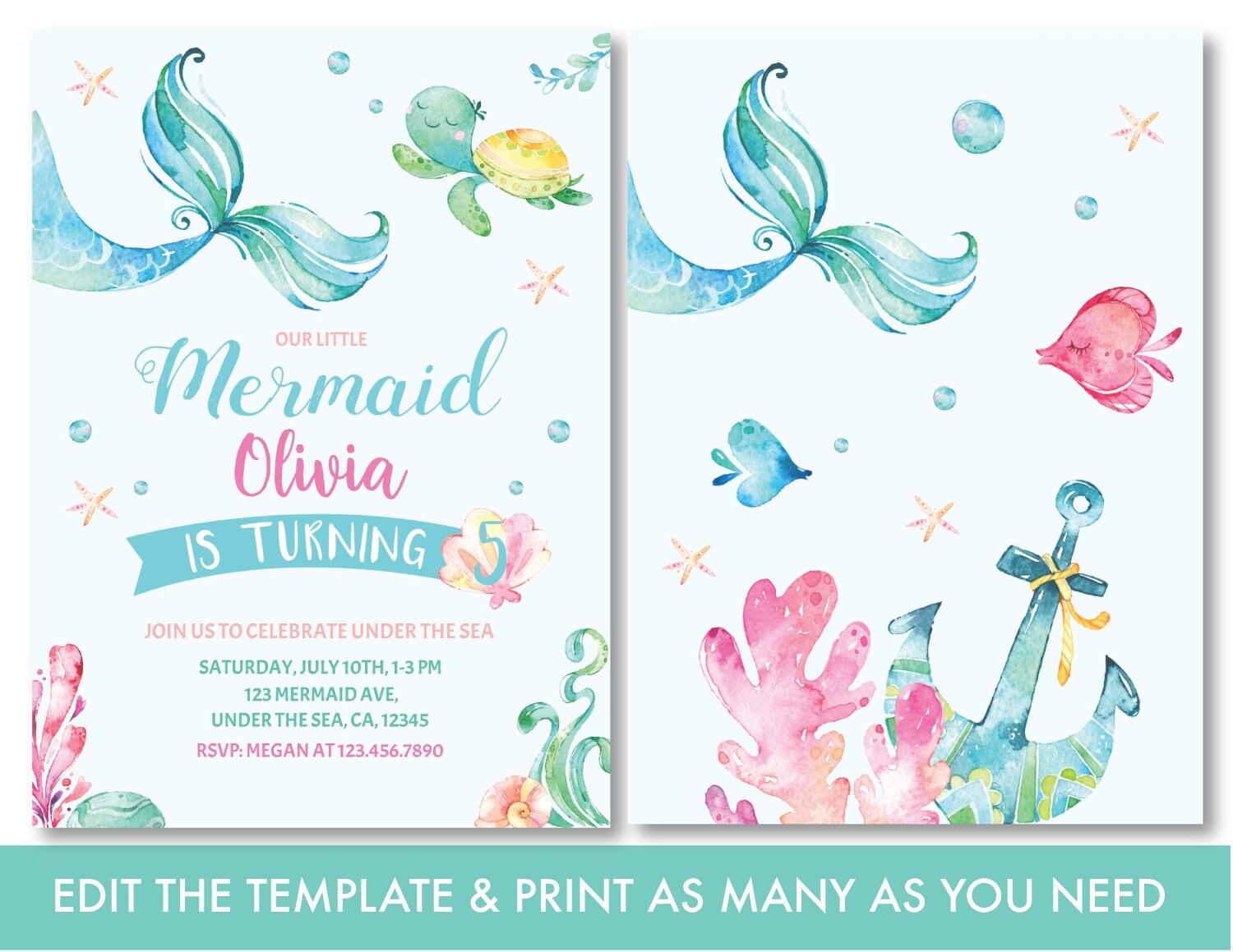 Mermaid Invitation Printable Mermaid Birthday Invitation - Etsy