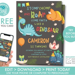 Dinosaurier 2nd Birthday Einladung Boy's Dino Birthday Invite Dinosaurier Einladung Dino Party Dekorationen Dino Party Instant Download, D1